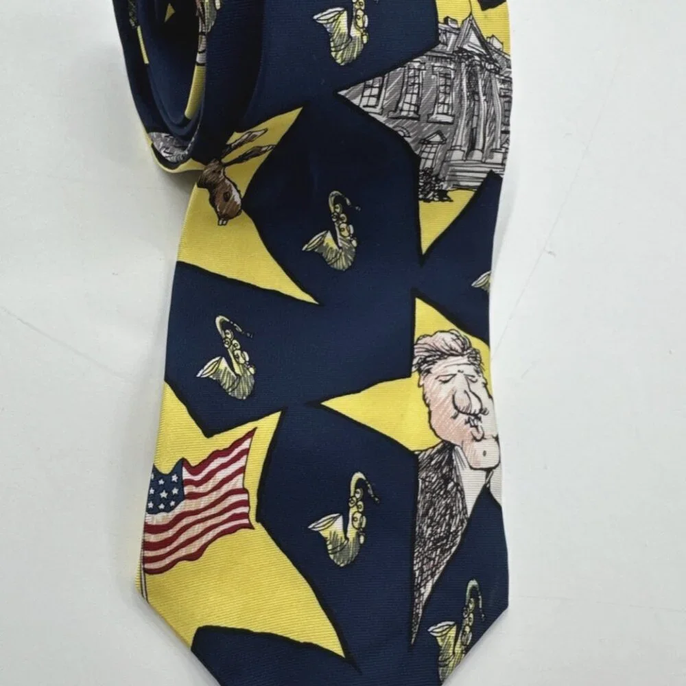 Democratic Political Tie Silk Mike Luckovich Bill Clinton Democrat Saxophone 90s